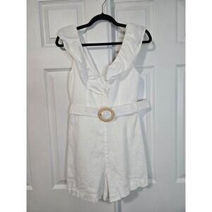 MNG White Linen Ruffle V-Neck Belted Romper Summer Jumpsuit Coastal White